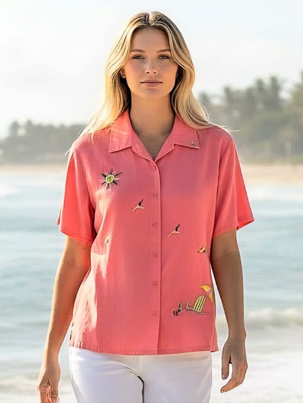 Vtg 90s Bobbie Brooks Coral Pink Camp Shirt Short Sleeve Beach Embroidery Sz M